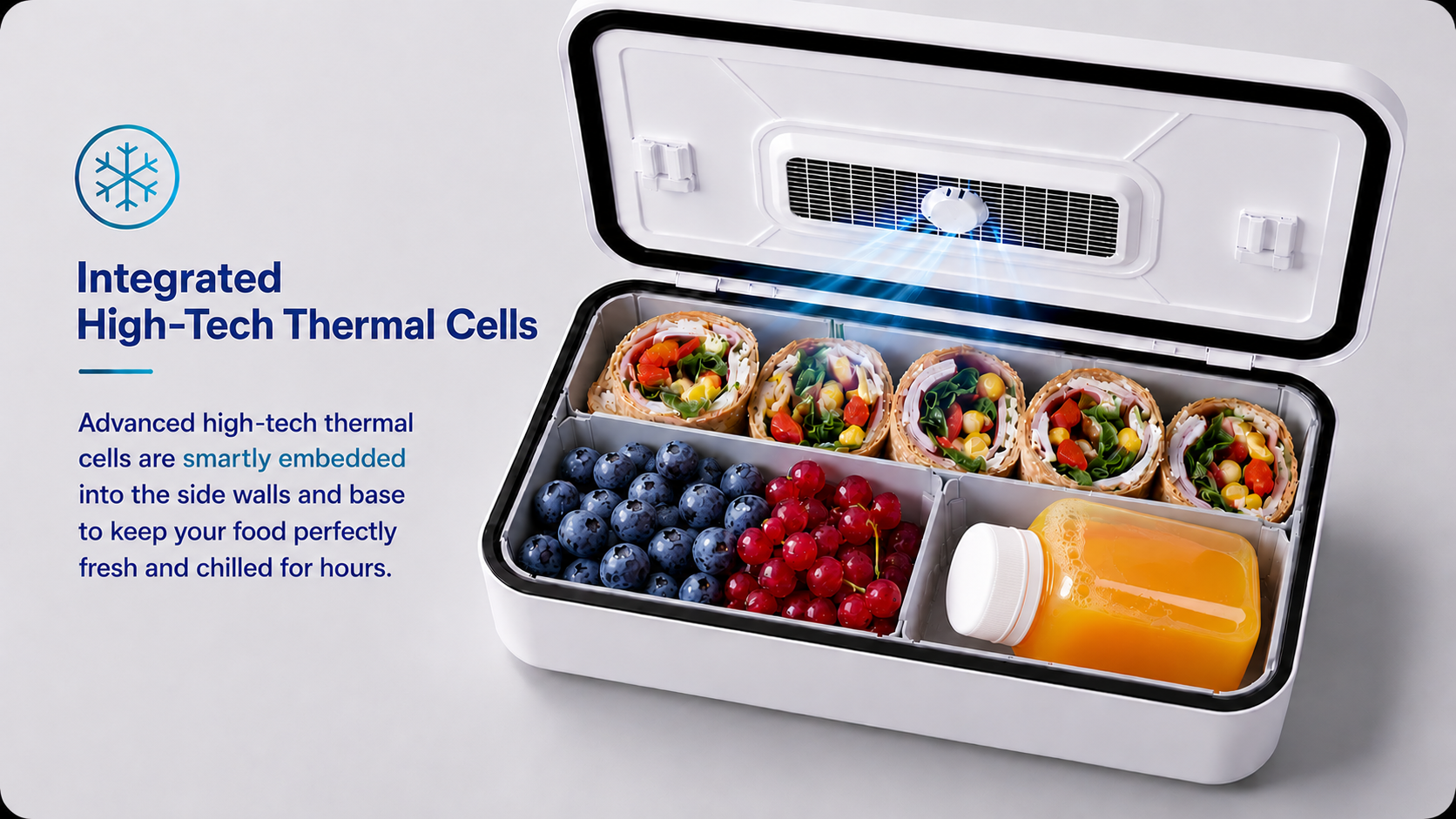 LunchiQ built-in cooling lunch box — integrated high-tech thermal cells keep food fresh up to 12 hours